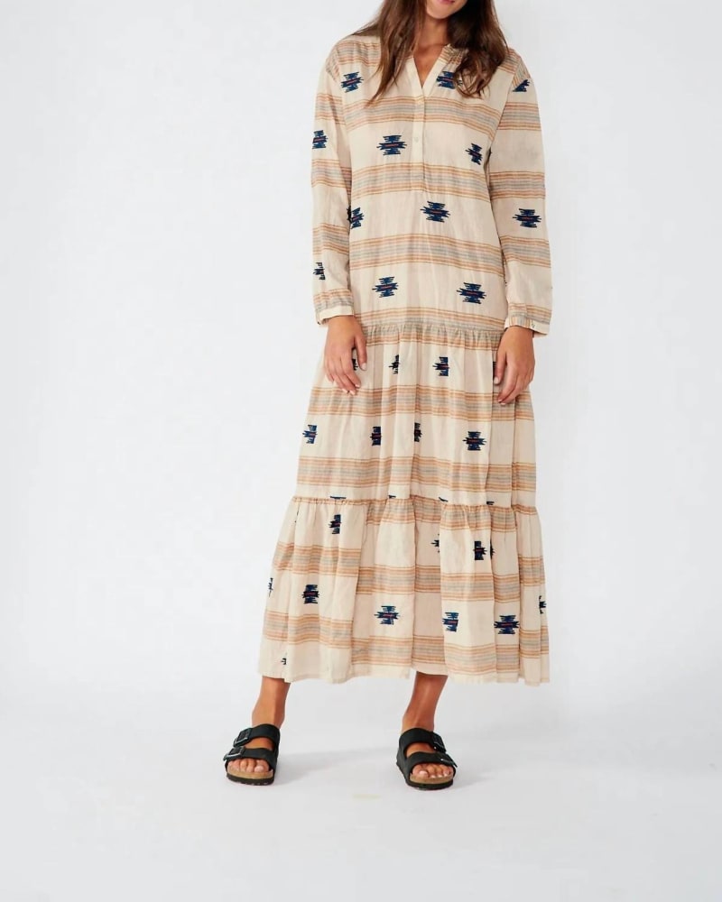 Front of a model wearing a size L Ladak Dress in Sand in Sand by BSBEE. | dia_product_style_image_id:345196